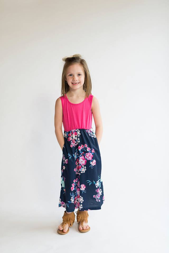 Girls Hot Pink and Navy Floral Maxi Dress