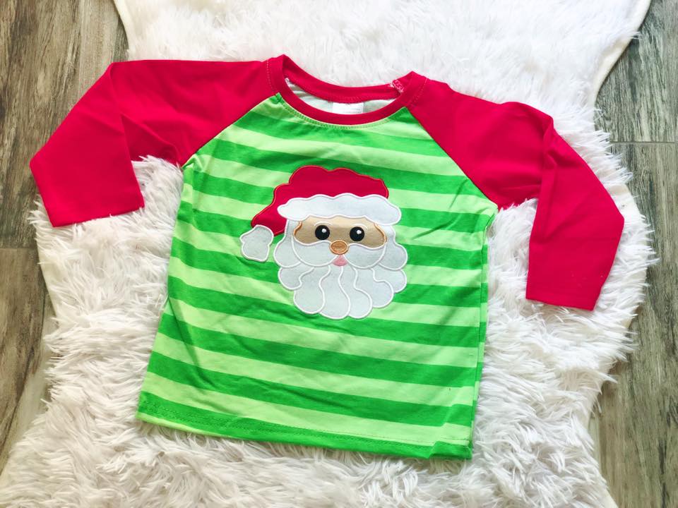 Green Striped Applique Santa Raglan - Nico Bella Boutique