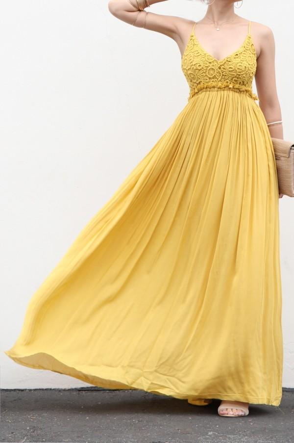 knee length dresses for ladies Mustard Lace Front Crochet Accent Open Back Maxi Dress M