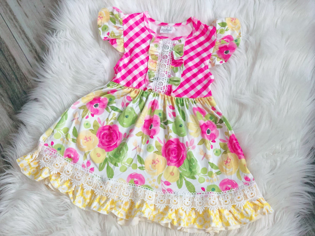 Pink & Yellow Floral Girls Pearl Dress - Nico Bella Boutique