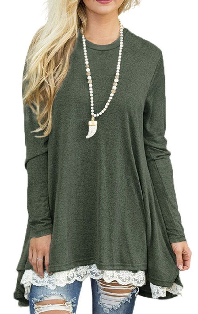 Green Lace Hem Long Sleeve Top - Nico Bella Boutique