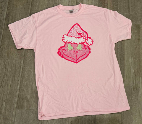 Adult Pink Grinch Face Christmas Graphic Tee