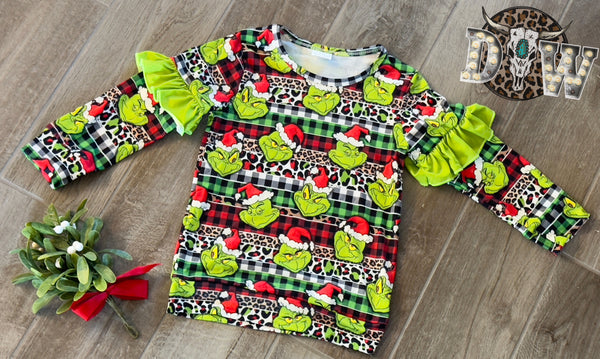 Girls Grinch Ruffle Top