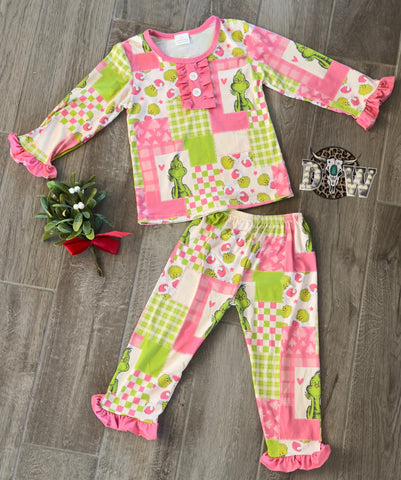 Girls Pink Grinch Patch Christmas Pajama Set