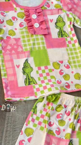 Girls Pink Grinch Patch Christmas Pajama Set