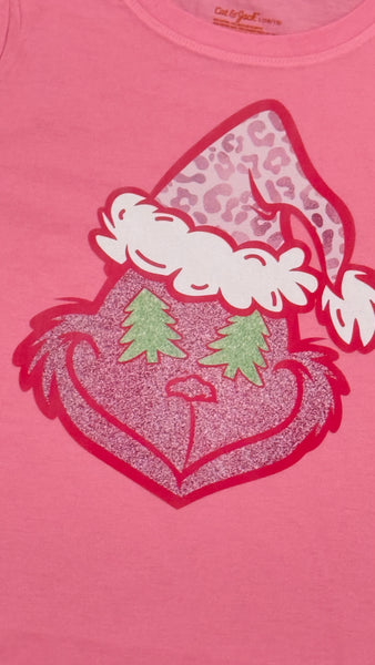 Girls Pink Grinch Face Grinch Christmas Shirt