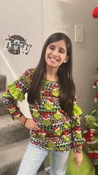 Girls Grinch Ruffle Top