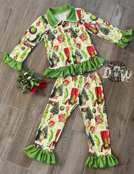 Girls Grinch Ruffle Christmas Pajama Set