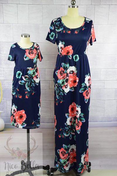 Navy Floral Short Sleeve Maxi Dress - Nico Bella Boutique 