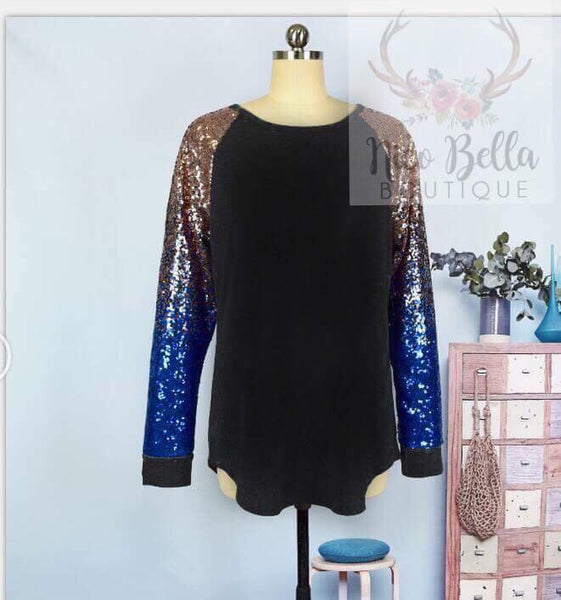 Blue Sequin Sleeve Raglan - Nico Bella Boutique 