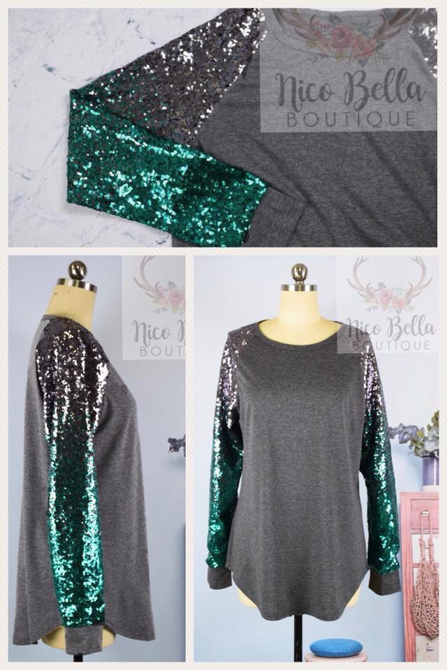 Teal Green Sequin Sleeve Raglan - Nico Bella Boutique 