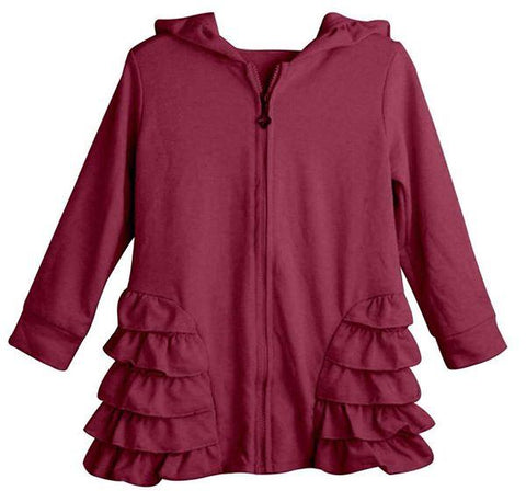 Burgundy Girls Ruffle Zip Up Hood Cardigans - Nico Bella Boutique 