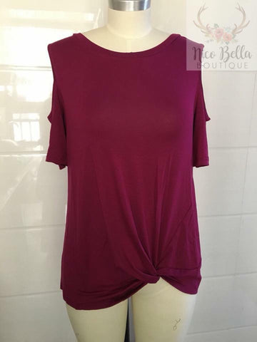 Wine Cold Shoulder Twist Hem Top - Nico Bella Boutique 