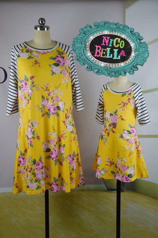 Women's Yellow Floral Raglan Dress - Nico Bella Boutique 