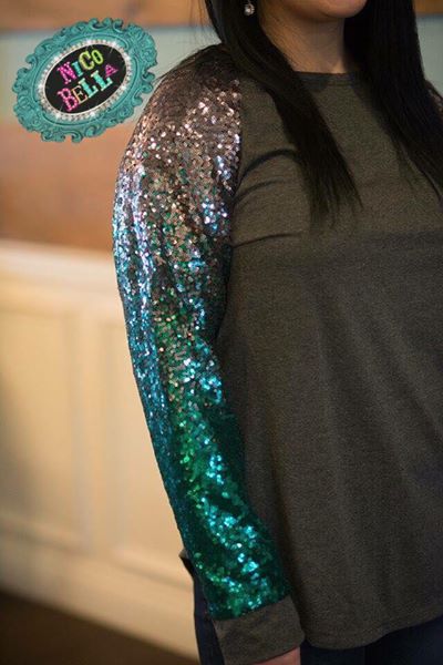 Teal Green Sequin Sleeve Raglan - Nico Bella Boutique 