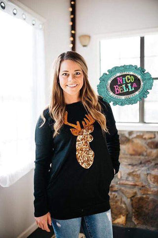 Women's Black Sequin Deer Shirt - Nico Bella Boutique 