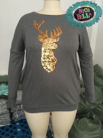 Women's Grey Sequin Deer Shirt - Nico Bella Boutique 