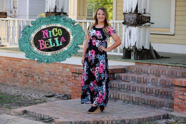 Black Floral Short Sleeve Maxi Dress - Nico Bella Boutique 