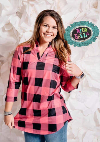 Hot Pink Buffalo Plaid 3/4 Sleeve Top - Nico Bella Boutique 