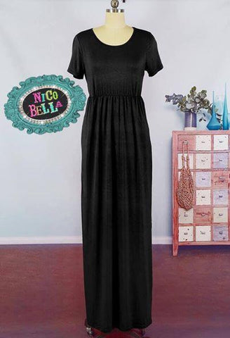 Black Solid Short Sleeve Maxi Dress - Nico Bella Boutique 