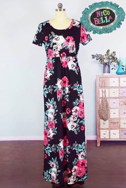 Black Floral Short Sleeve Maxi Dress - Nico Bella Boutique 