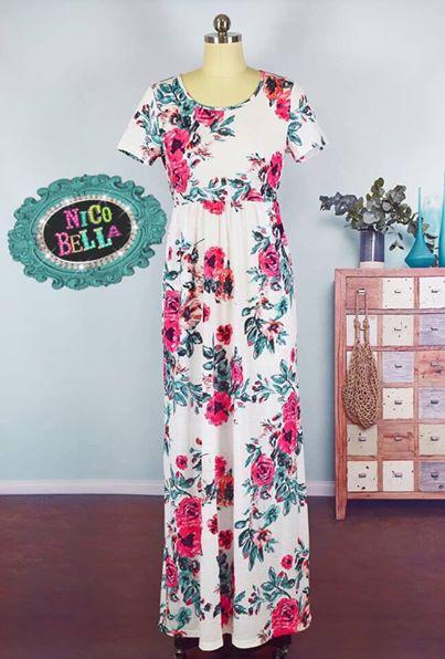 White Floral Short Sleeve Maxi Dress - Nico Bella Boutique 