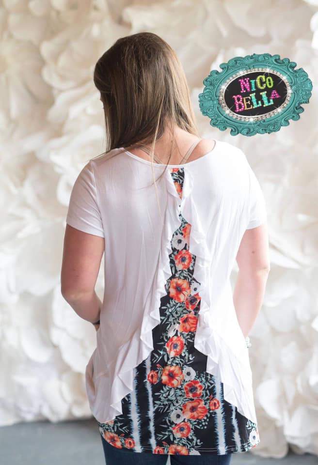 White and Navy Floral Ruffle Back Tunic - Nico Bella Boutique 