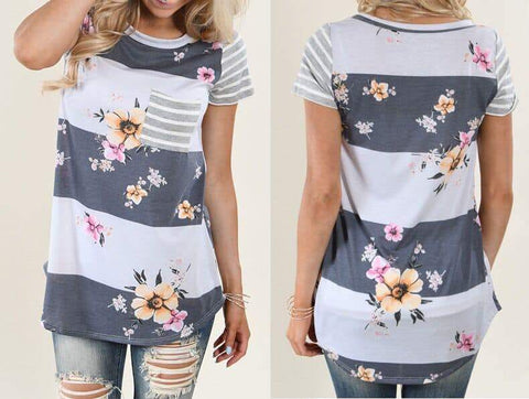 Grey Stripe Floral Tee - Nico Bella Boutique 