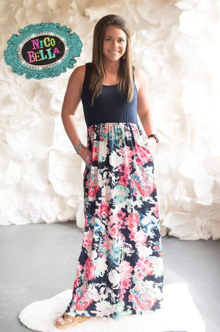 Navy Floral Color Block Tank Maxi Dress - Nico Bella Boutique 