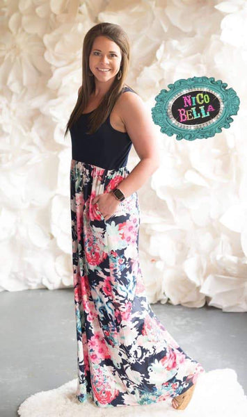 Navy Floral Color Block Tank Maxi Dress - Nico Bella Boutique 