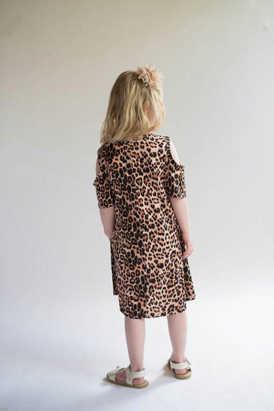 Girls Cheetah Cold Shoulder Criss Cross Dress - Nico Bella Boutique 