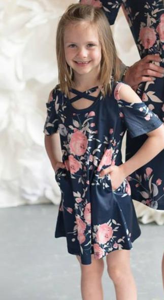 Girls Navy Floral Cold Shoulder Criss Cross Dress - Nico Bella Boutique 