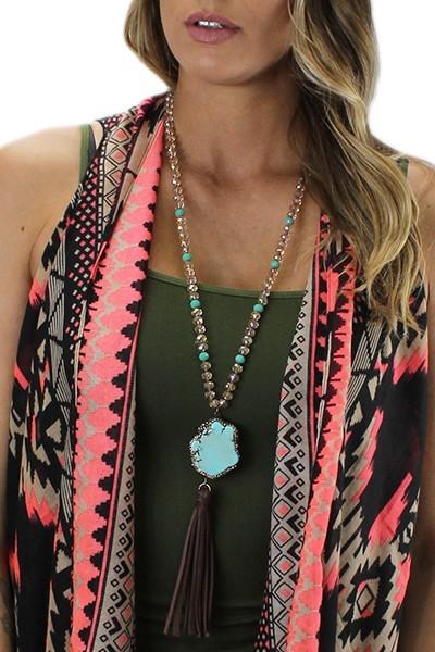 Champagne Turquoise Crystal Tassel Necklace - Nico Bella Boutique 