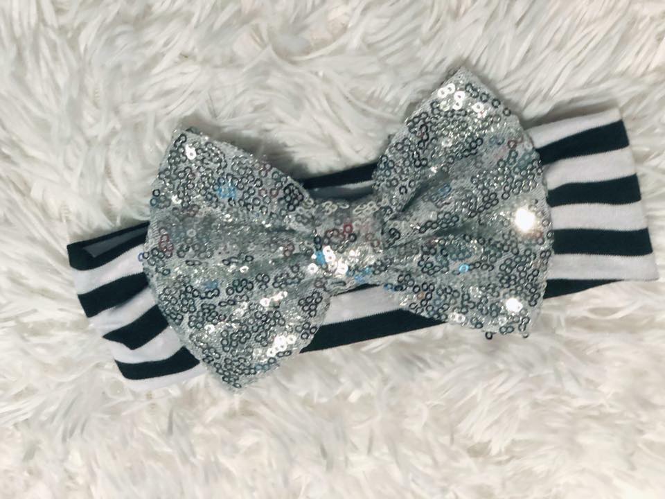Black Striped Silver Sequin Bow Headband - Nico Bella Boutique 