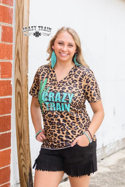 Leopard Crazy Train Cactus V-neck Top - Nico Bella Boutique 