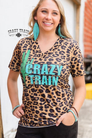 Leopard Crazy Train Cactus V-neck Top - Nico Bella Boutique 