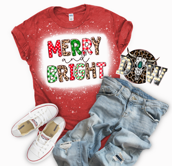 Merry and Bright Christmas Bleached Graphic T-Shirt
