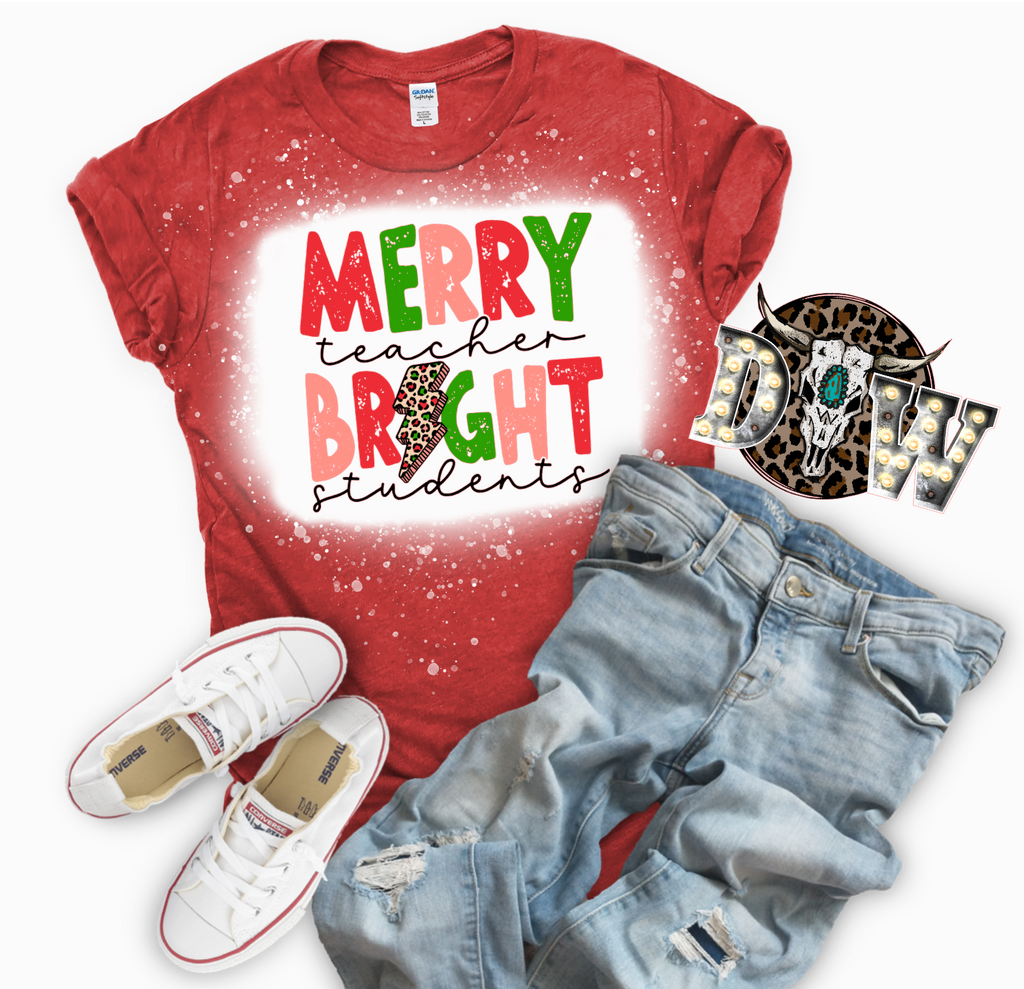 Merry Teacher Bright Students Christmas Bleached Graphic T-Shirt
