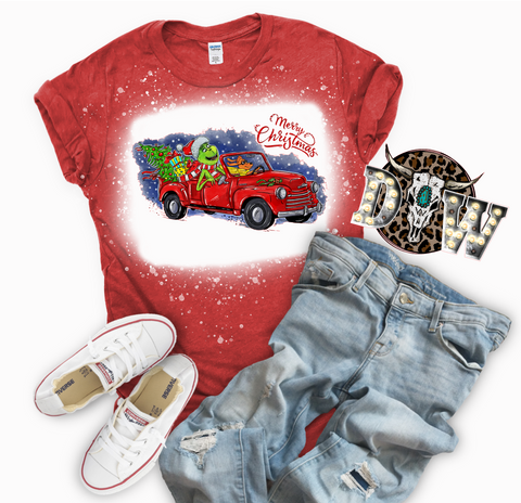 Merry Christmas Grinch Truck Bleached Graphic T-Shirt