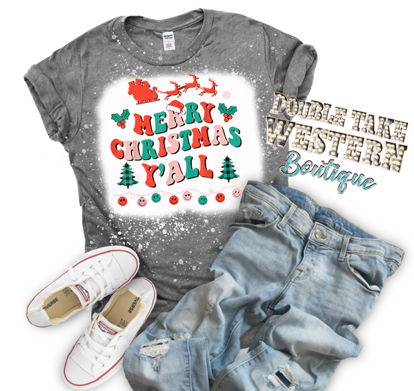 Merry Christmas Y'all Christmas Bleached Graphic T-Shirt