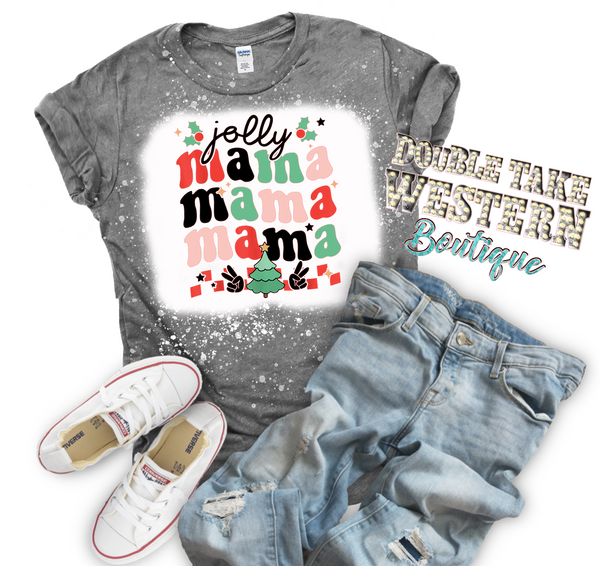 Jolly Mama Mama Mama Christmas Bleached Graphic T-Shirt