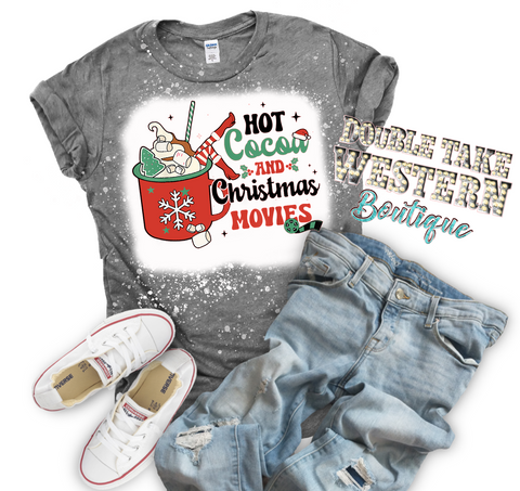 Hot Cocoa and Christmas Movies Christmas Bleached Graphic T-Shirt