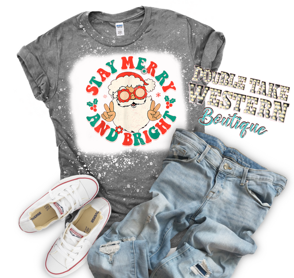 Stay Merry and Bright Retro Santa Christmas Bleached Graphic T-Shirt
