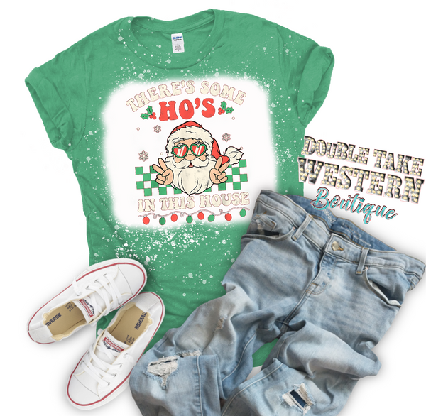There's some Ho's in This House Santa Christmas Bleached Graphic T-Shirt