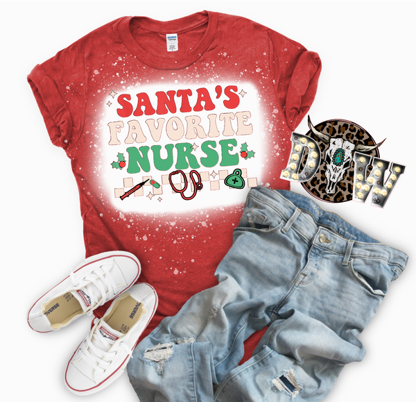 Santa's Favorite Nurse Christmas Bleached Graphic T-Shirt