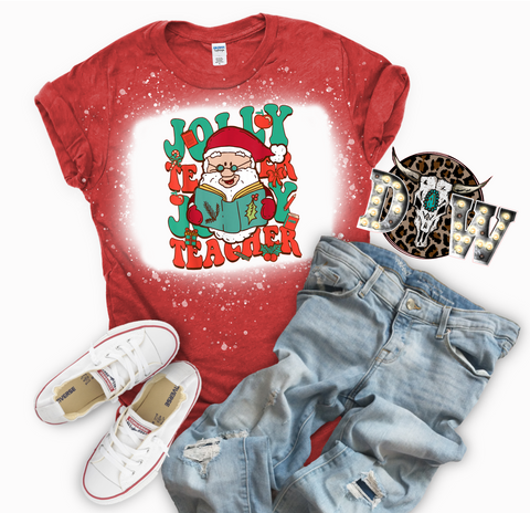 Jolly Teacher Jolly Teacher Santa Christmas Bleached Graphic T-Shirt