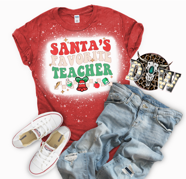 Santa's Favorite Teacher Christmas Teacher Bleached Graphic T-Shirt