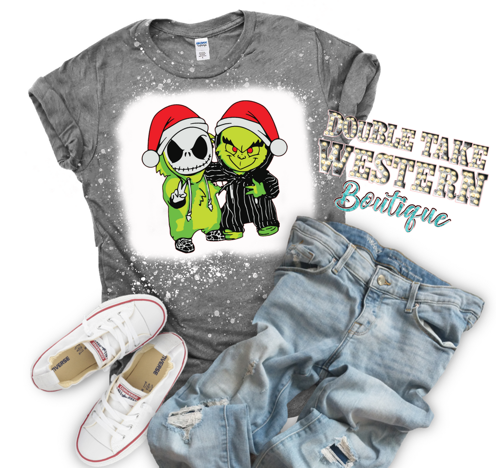 Grinch and Jack Skellington Christmas Bleached Graphic T-Shirt