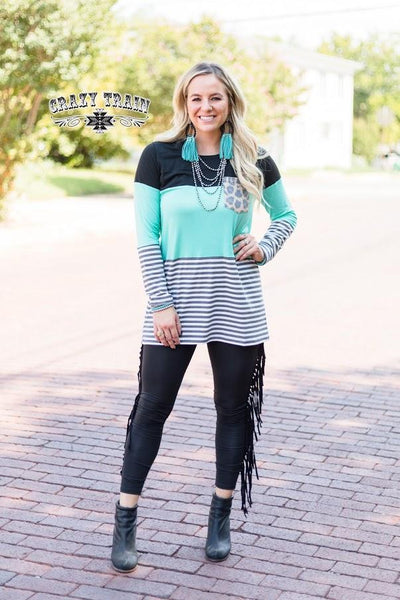 Coffee Date Leopard Turquoise Stripe Long Sleeve Top - Nico Bella Boutique 