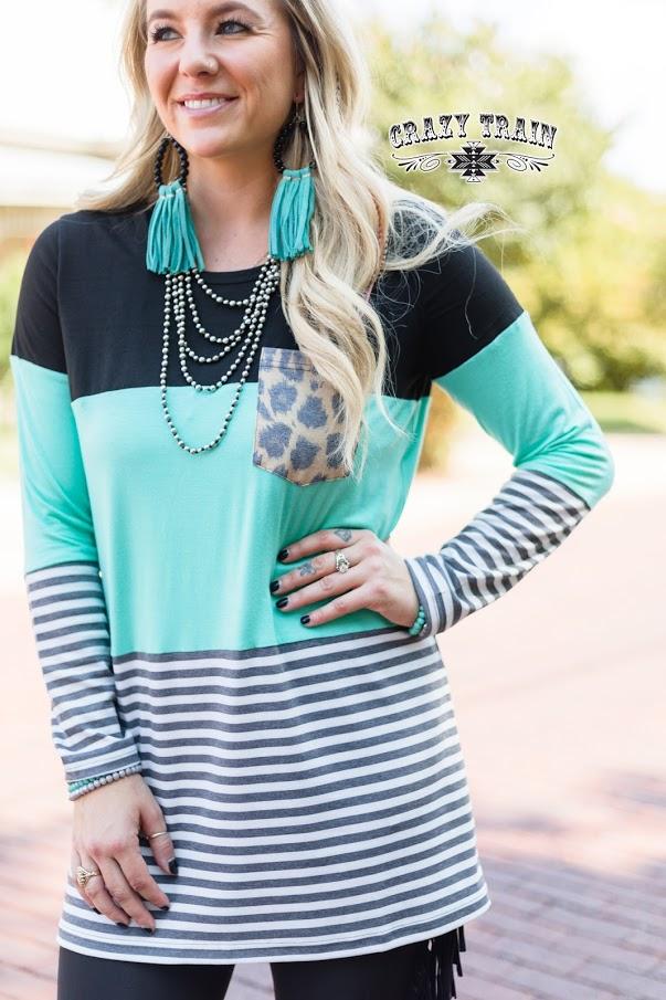Coffee Date Leopard Turquoise Stripe Long Sleeve Top - Nico Bella Boutique 